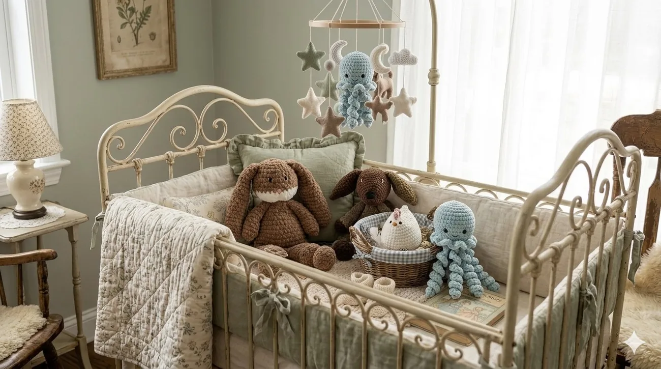 Cuna con amigurumis de crochet